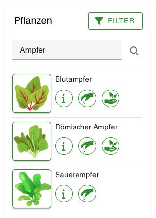 Pflanzen-Liste innerhalb der Beet-Ansicht. Filter auf 'Ampfer'.