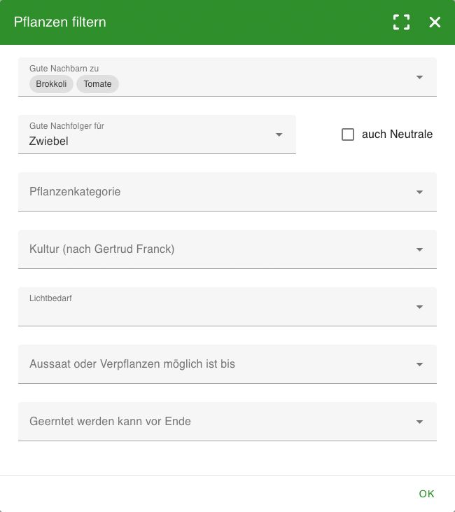 Filter-Dialog für Pflanzen